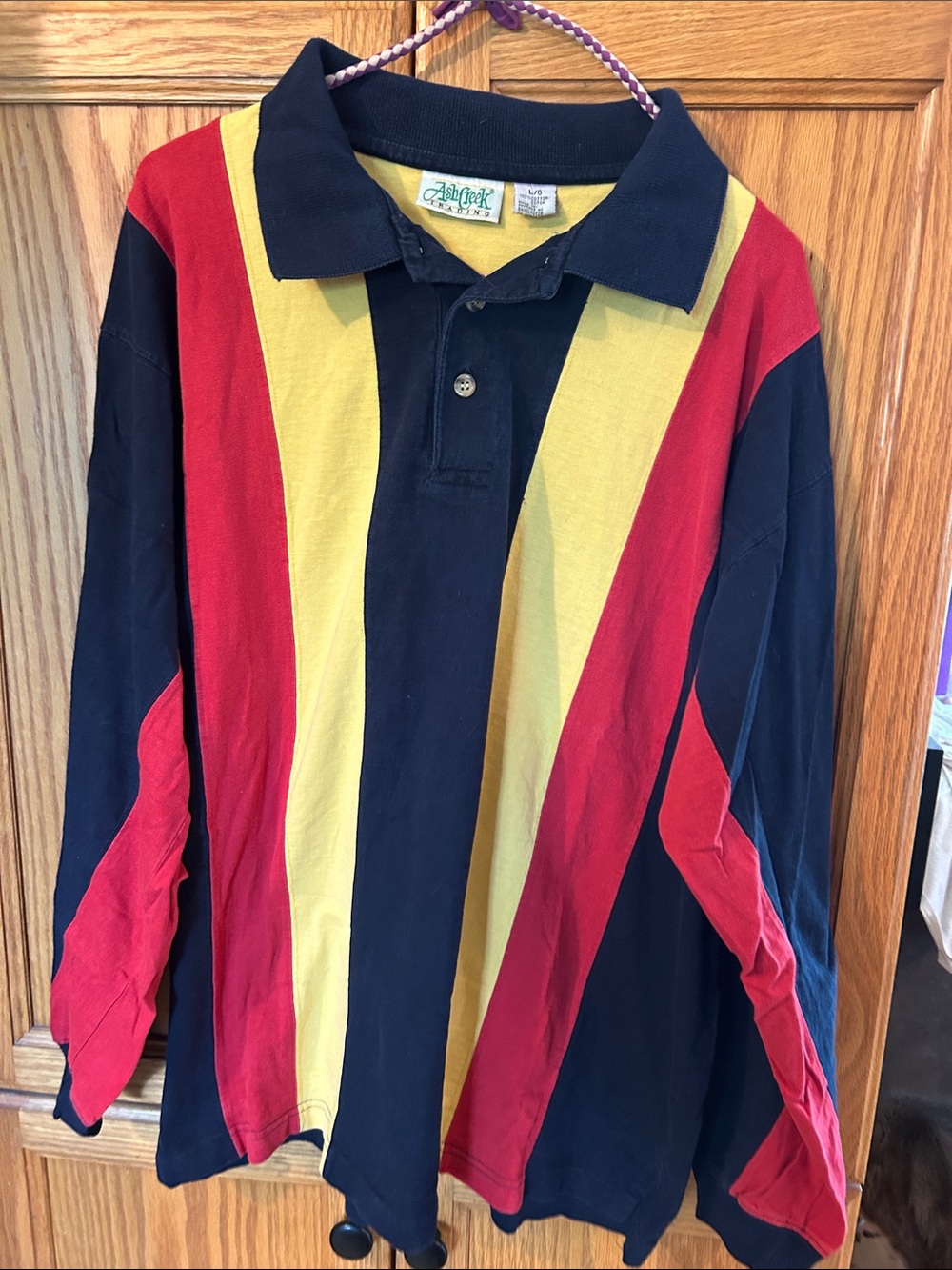 Ashworth Men's Colorblock Long-Sleeve Polo in Navy, Red & Yellow